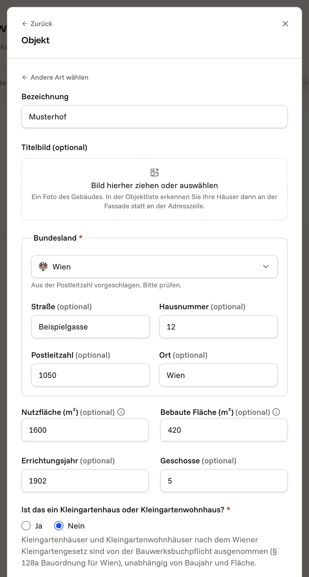 Ohne Bauakt: Angaben selbst eingeben